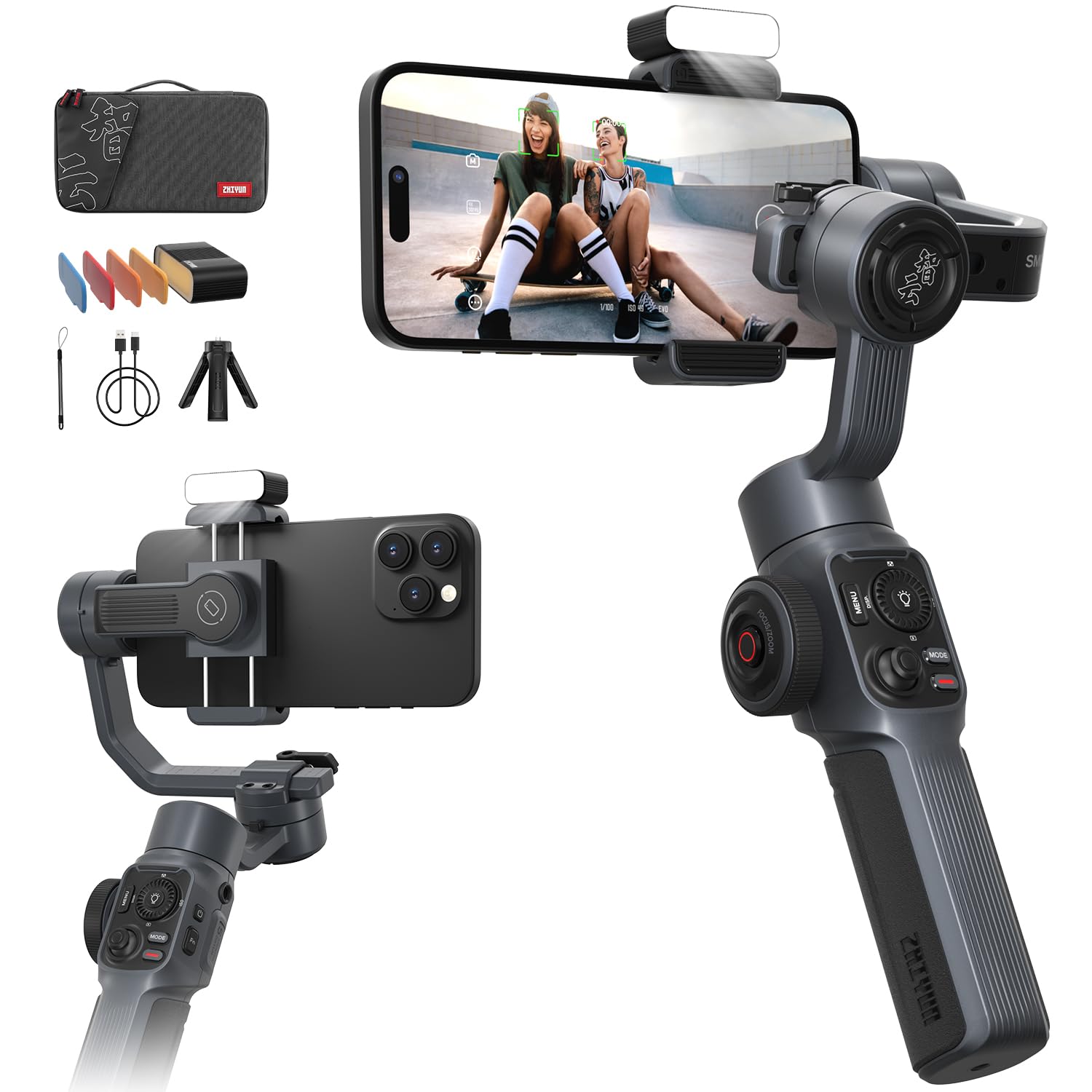 مثبت Zhiyun Smooth 5S AI Pro Gimbal، مثبت ثلاثي المحاور للهواتف الذكية مع متتبع AI، ضوء تعبئة مغناطيسي/مدمج، حقيبة تخزين، مثبت iPhone مثبت Zhiyun Smooth 5S AI Pro Gimbal، مثبت ثلاثي المحاور للهواتف الذكية مع متتبع AI، ضوء تعبئة مغناطيسي/مدمج، حقيبة تخزين، مثبت iPhone